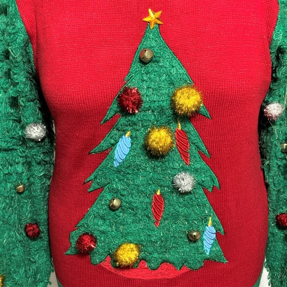 Ugly Christmas Sweater Fuzzy Tree Sleeves Bell Pompoms Green Red Mens Womens XL - Picture 3 of 4